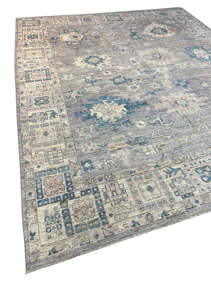 Grey, Ivory &amp; Blue Distressed Floral Rug – 12’7” x 15’0”