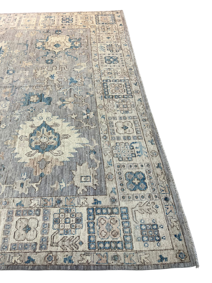 Grey, Ivory &amp; Blue Distressed Floral Rug – 12’7” x 15’0”