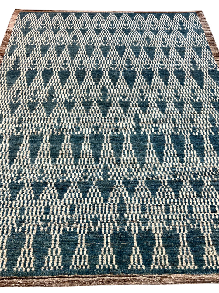 Teal Blue &amp; Ivory Moroccan Style Geometric Rug – 8’2” x 10’3”