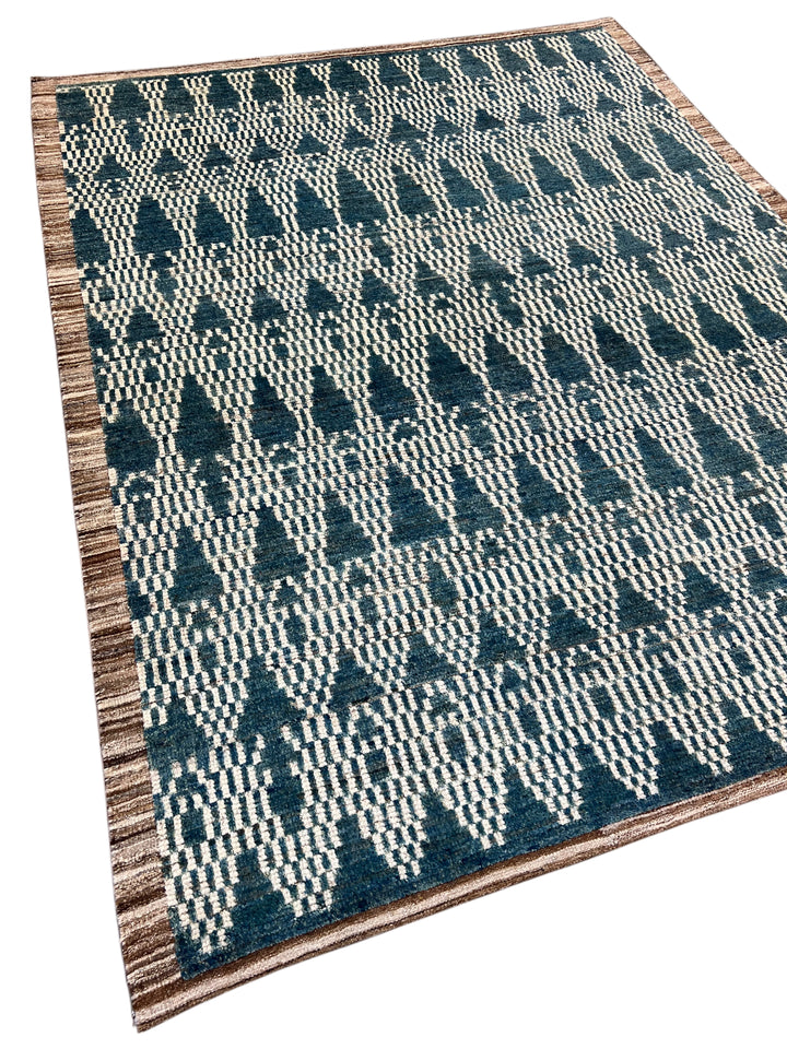 Teal Blue &amp; Ivory Moroccan Style Geometric Rug – 8’2” x 10’3”