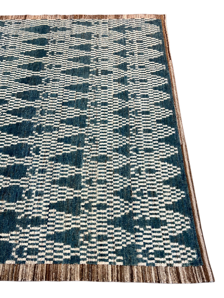 Teal Blue &amp; Ivory Moroccan Style Geometric Rug – 8’2” x 10’3”