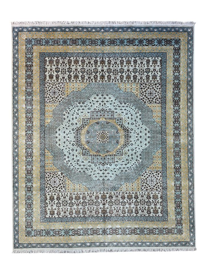 Soft Blue, Ivory &amp; Gold Floral Medallion Rug – 8’1” x 9’11”