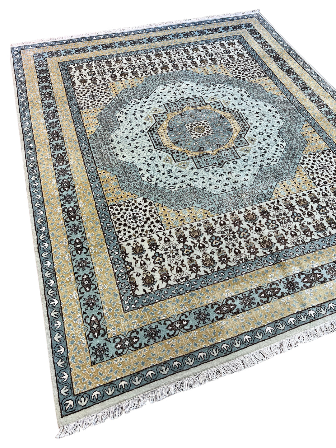 Soft Blue, Ivory &amp; Gold Floral Medallion Rug – 8’1” x 9’11”
