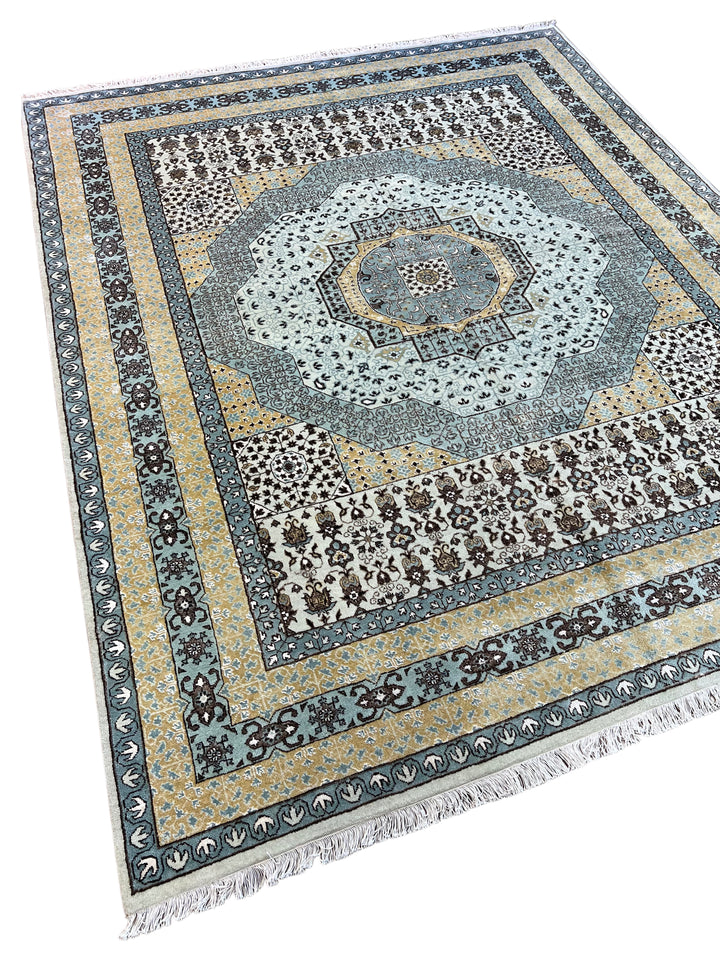 Soft Blue, Ivory &amp; Gold Floral Medallion Rug – 8’1” x 9’11”