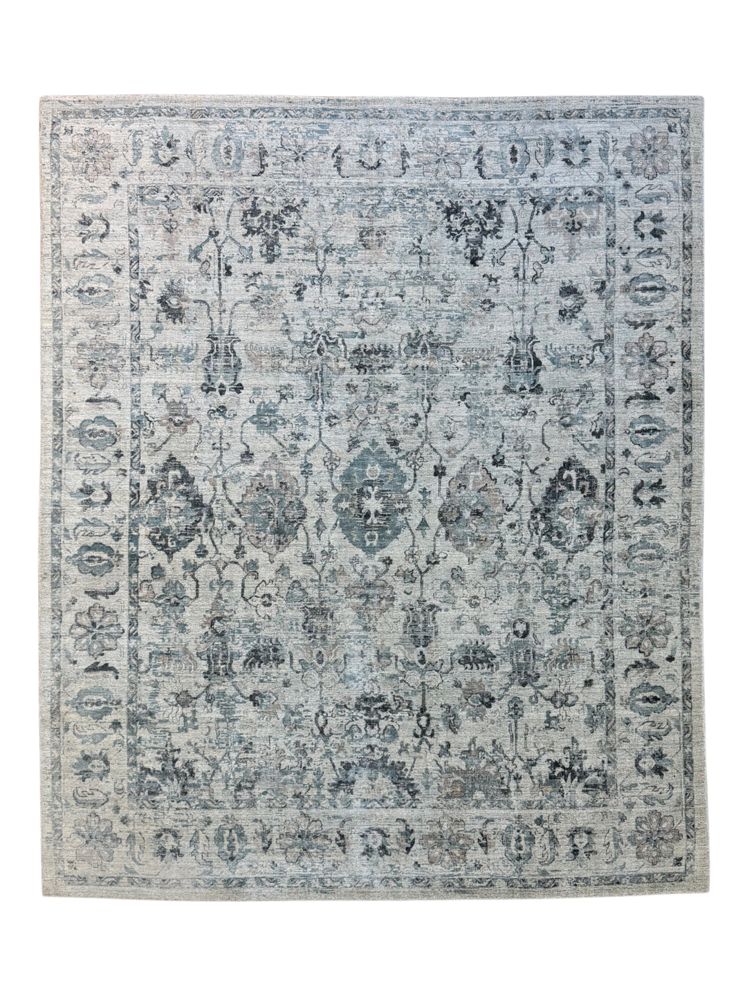 Soft Blue-Gray &amp; Ivory Distressed Floral Rug – 8’1” x 9’9”