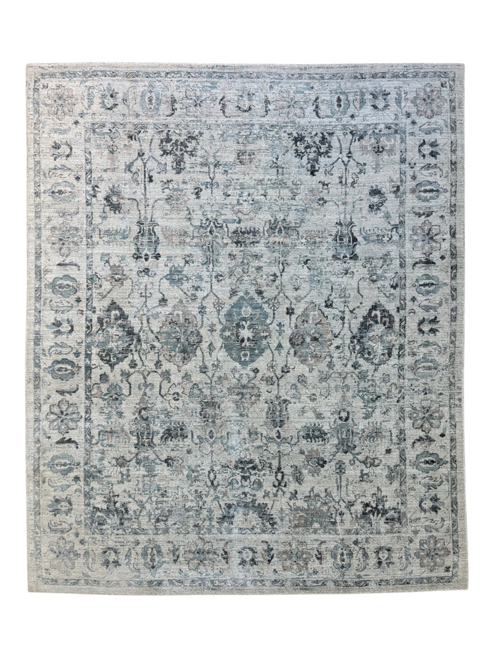 Soft Blue-Gray &amp; Ivory Distressed Floral Rug – 8’1” x 9’9”