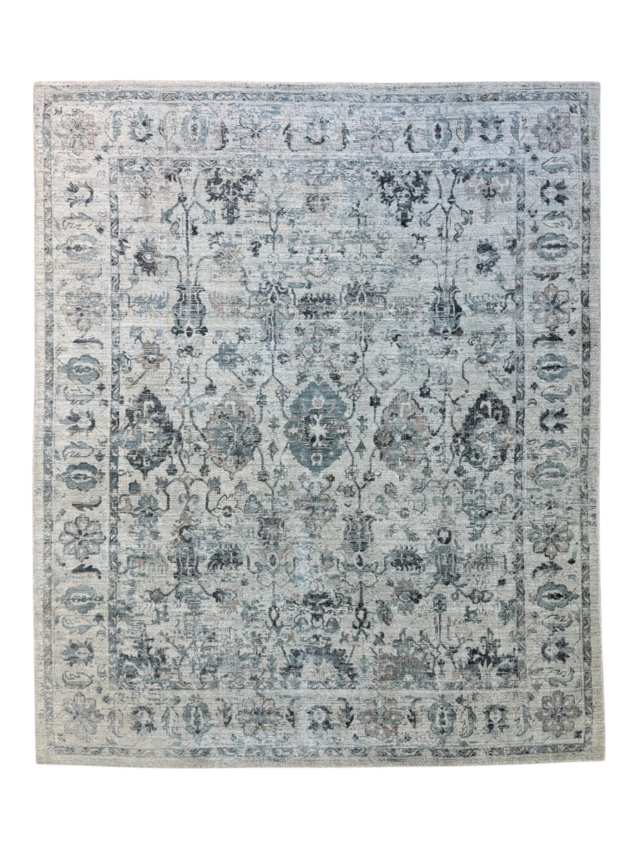 Soft Blue-Gray & Ivory Distressed Floral Rug – 8’1” x 9’9”