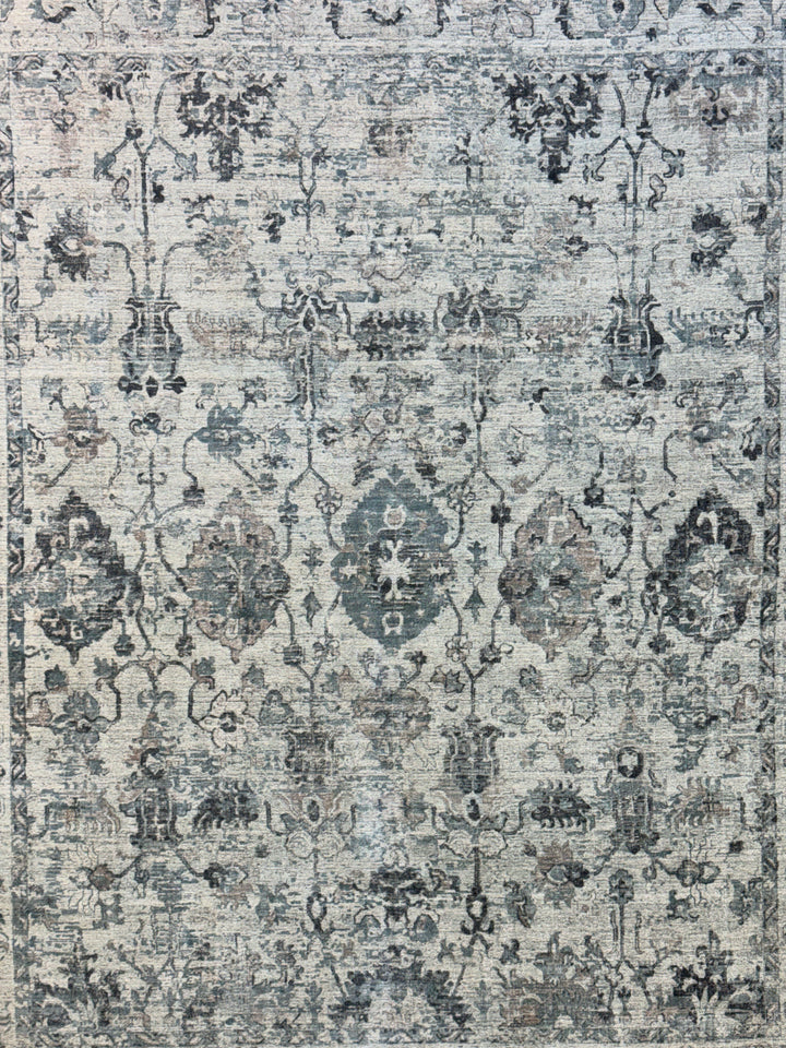 Soft Blue-Gray &amp; Ivory Distressed Floral Rug – 8’1” x 9’9”