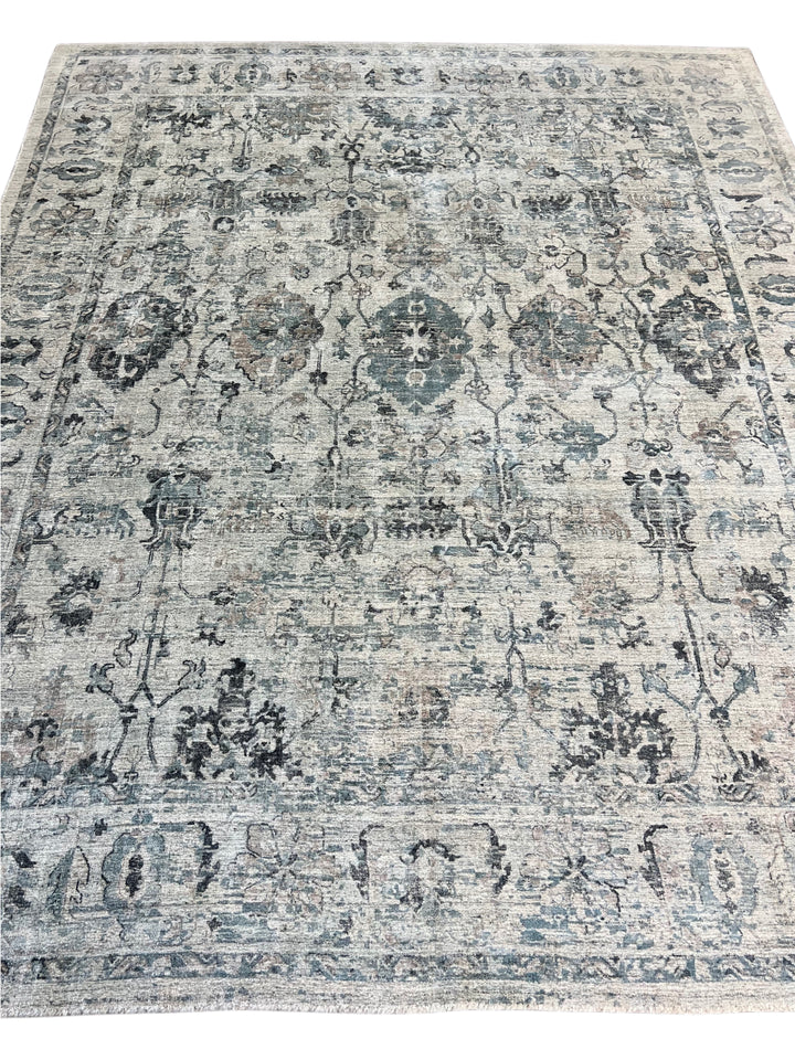 Soft Blue-Gray &amp; Ivory Distressed Floral Rug – 8’1” x 9’9”