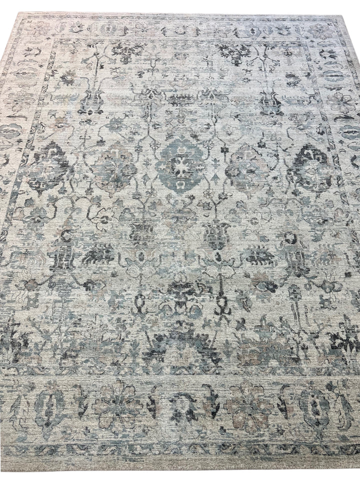Soft Blue-Gray &amp; Ivory Distressed Floral Rug – 8’1” x 9’9”