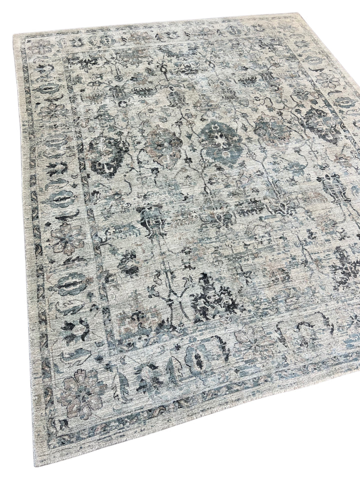 Soft Blue-Gray &amp; Ivory Distressed Floral Rug – 8’1” x 9’9”