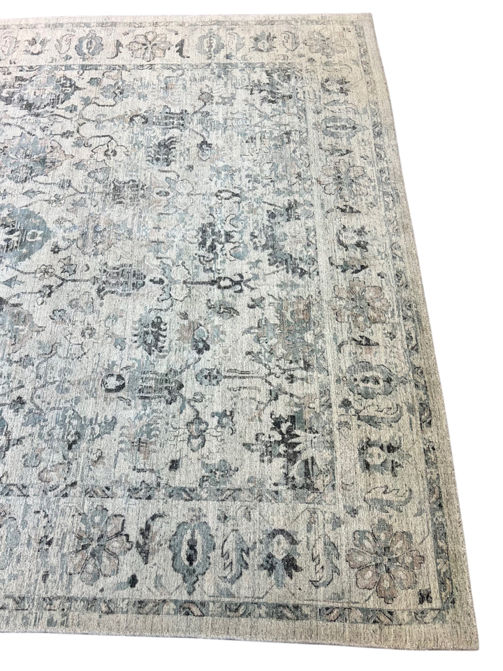 Soft Blue-Gray &amp; Ivory Distressed Floral Rug – 8’1” x 9’9”