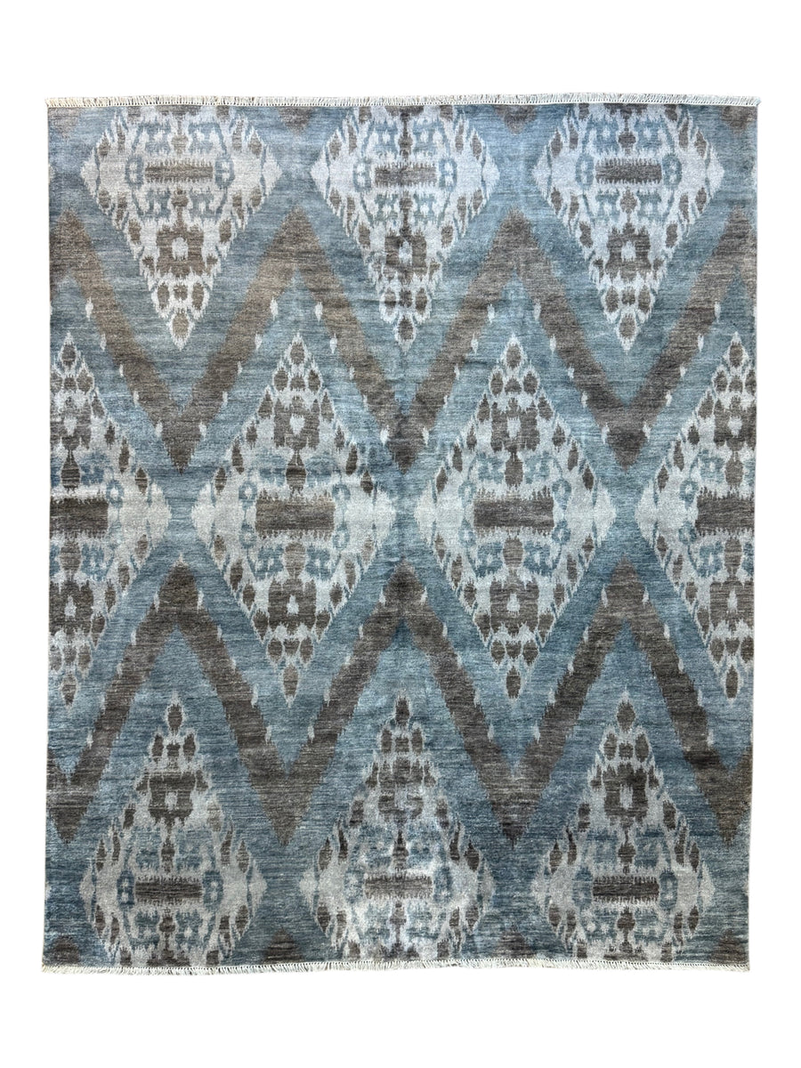 Dusty Blue, Ivory & Taupe Ikat Geometric Rug – 8’2” x 10’0”
