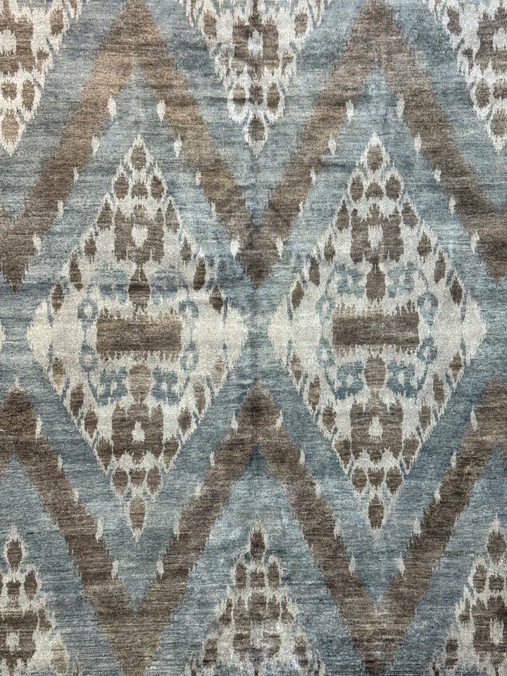 Dusty Blue, Ivory &amp; Taupe Ikat Geometric Rug – 8’2” x 10’0”