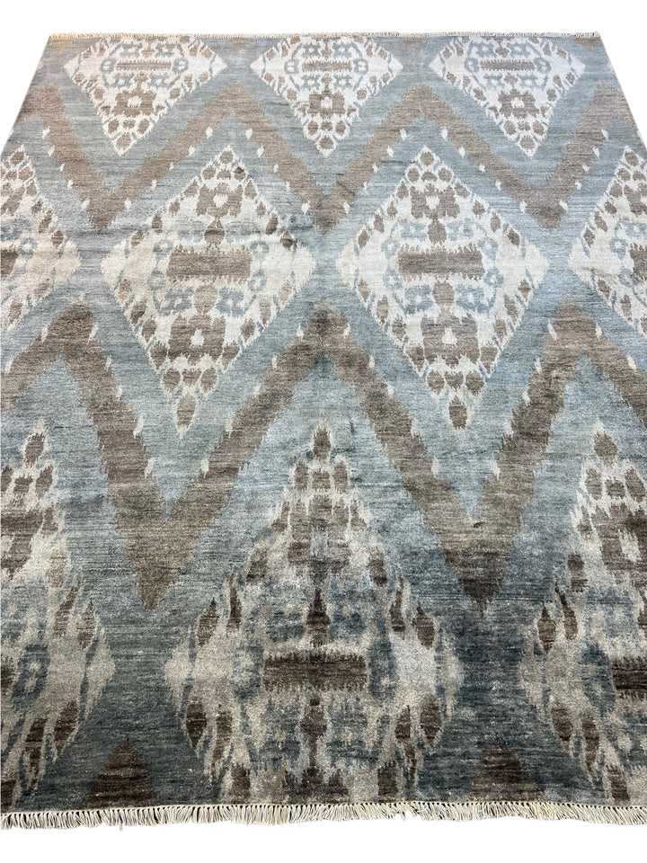 Dusty Blue, Ivory &amp; Taupe Ikat Geometric Rug – 8’2” x 10’0”