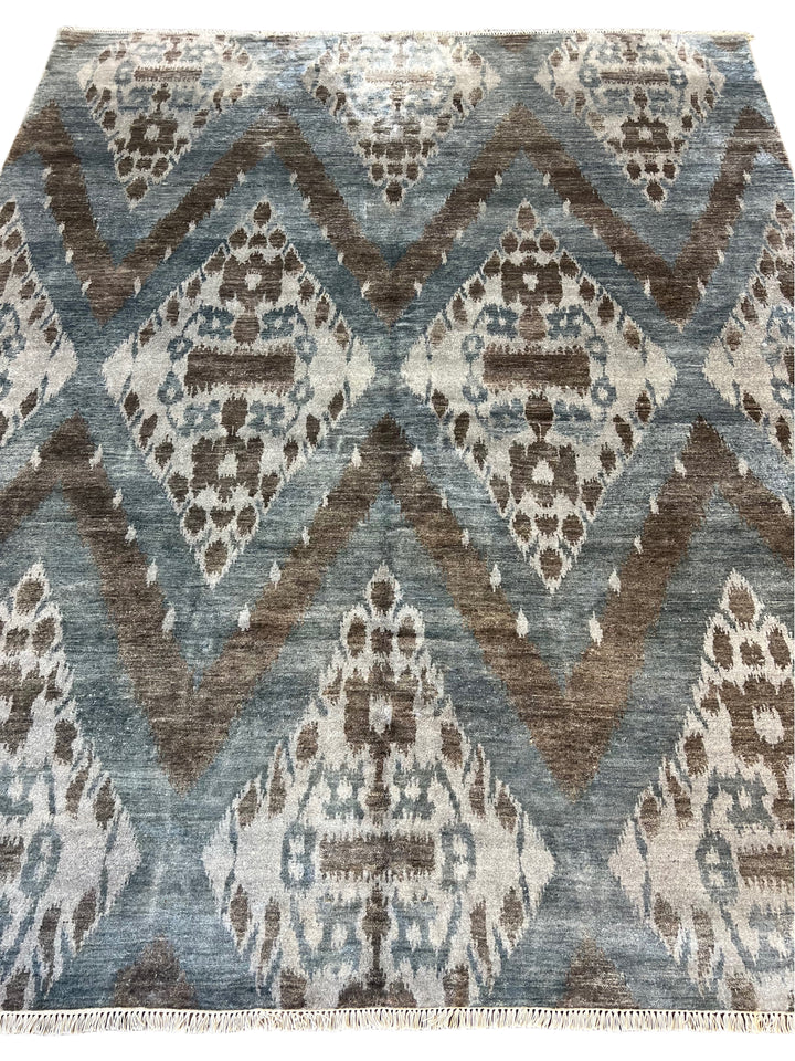 Dusty Blue, Ivory &amp; Taupe Ikat Geometric Rug – 8’2” x 10’0”
