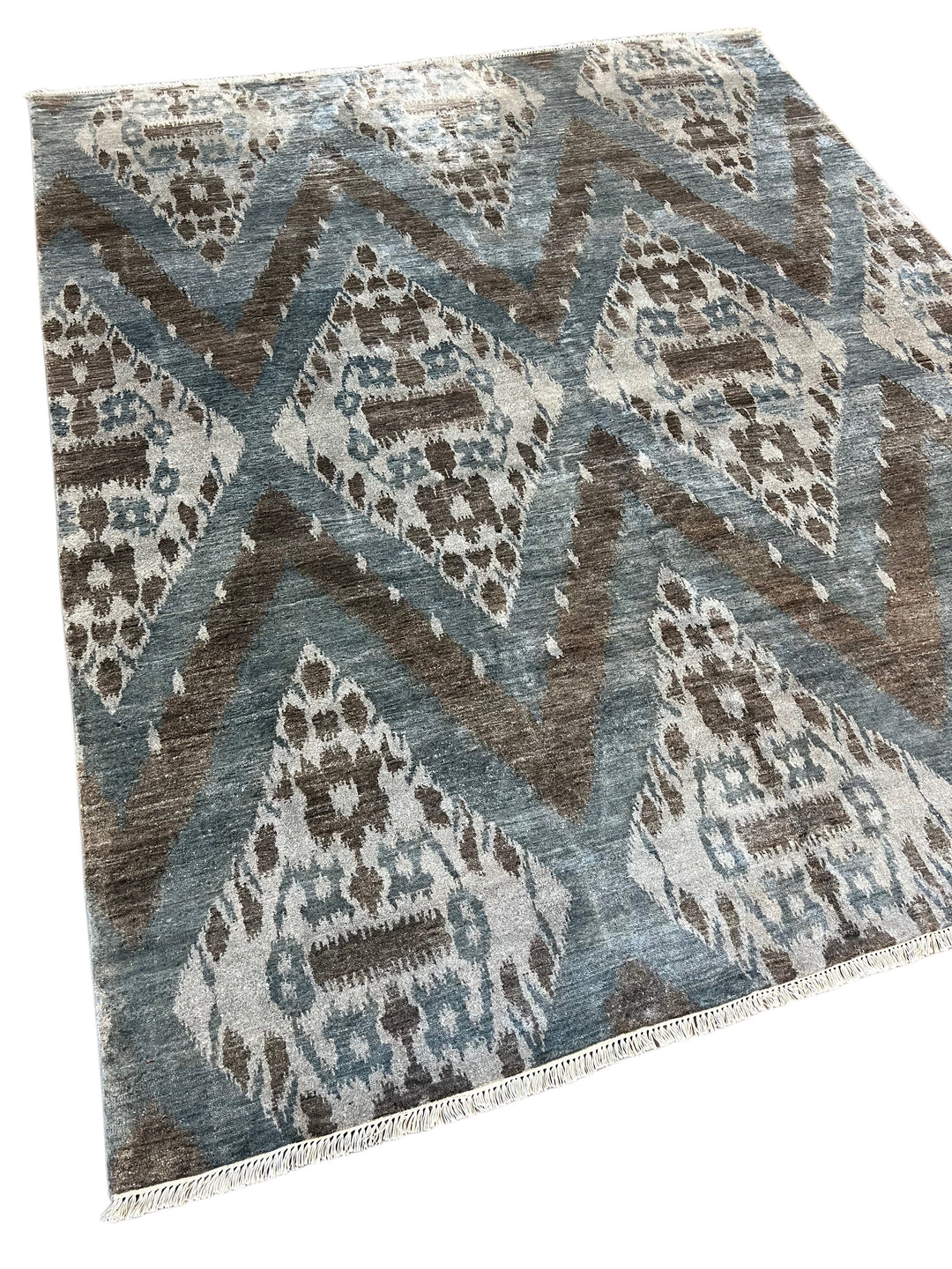 Dusty Blue, Ivory &amp; Taupe Ikat Geometric Rug – 8’2” x 10’0”