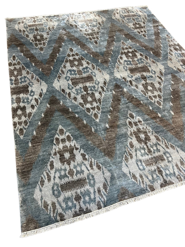 Dusty Blue, Ivory &amp; Taupe Ikat Geometric Rug – 8’2” x 10’0”