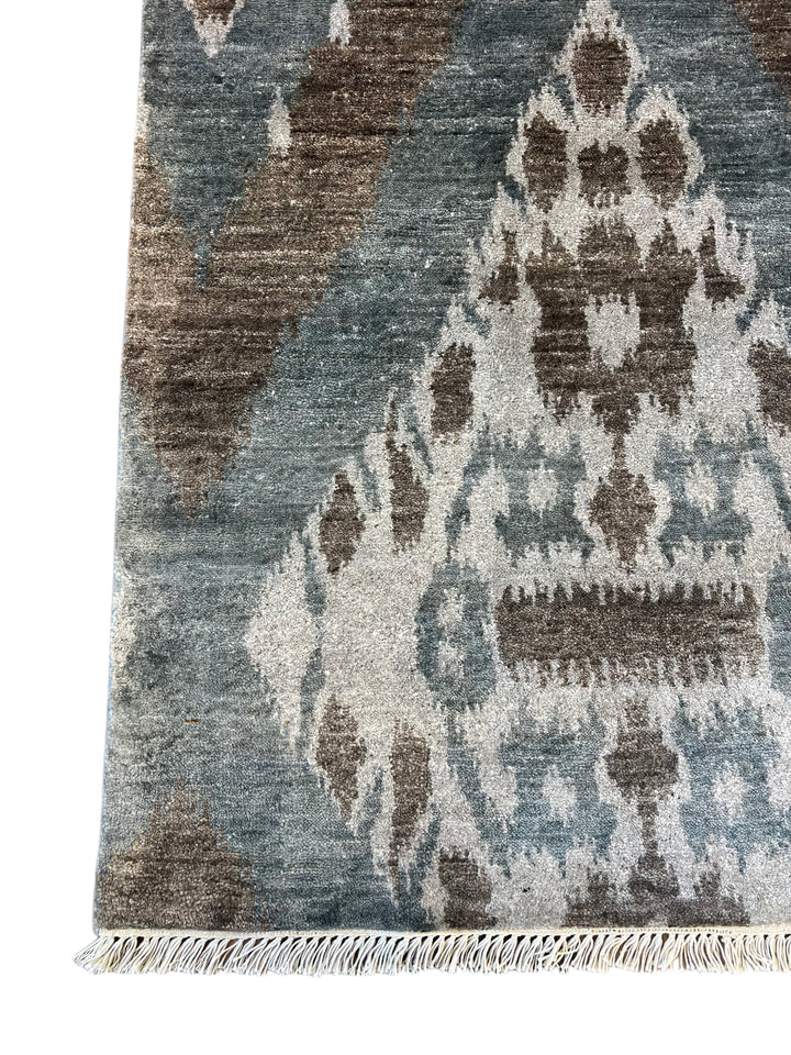 Dusty Blue, Ivory &amp; Taupe Ikat Geometric Rug – 8’2” x 10’0”