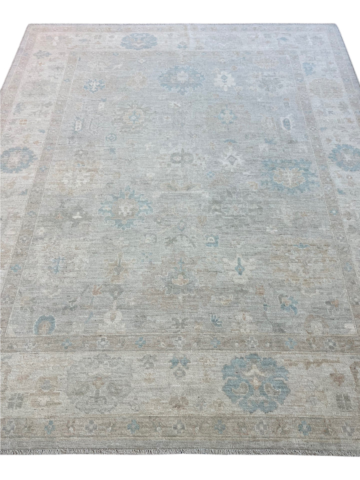 Soft Gray, Ivory &amp; Blue Oushak Style Rug – 8’0” x 9’10”