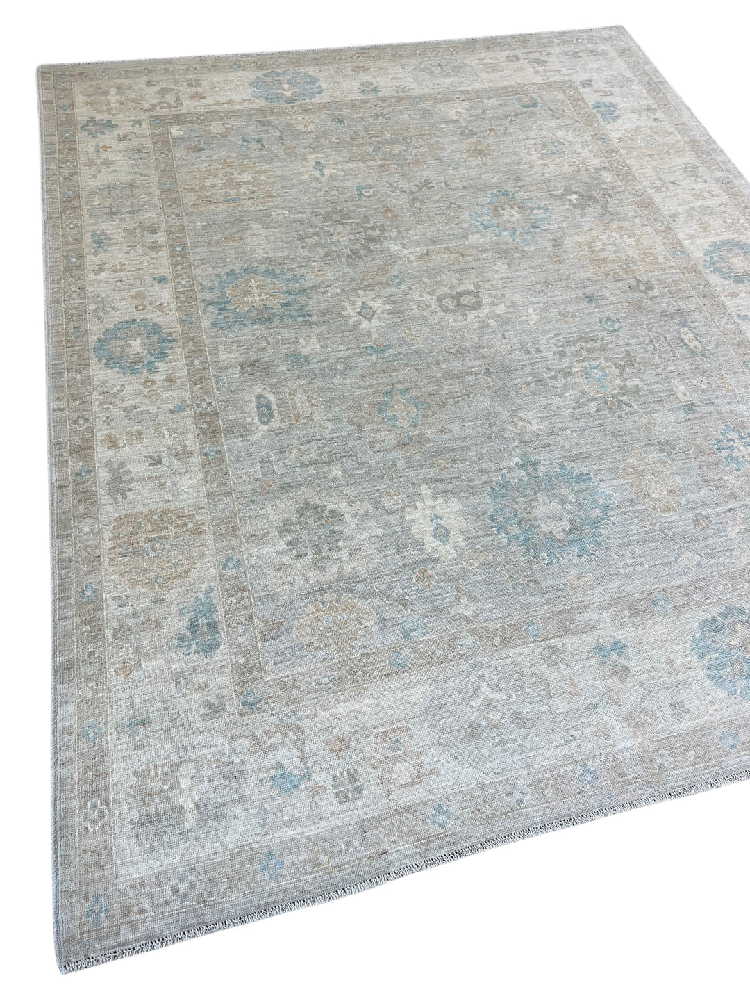 Soft Gray, Ivory &amp; Blue Oushak Style Rug – 8’0” x 9’10”