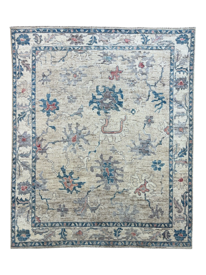 Ivory &amp; Blue Oushak Style Rug with Muted Red Accents – 8’1” x 9’10”