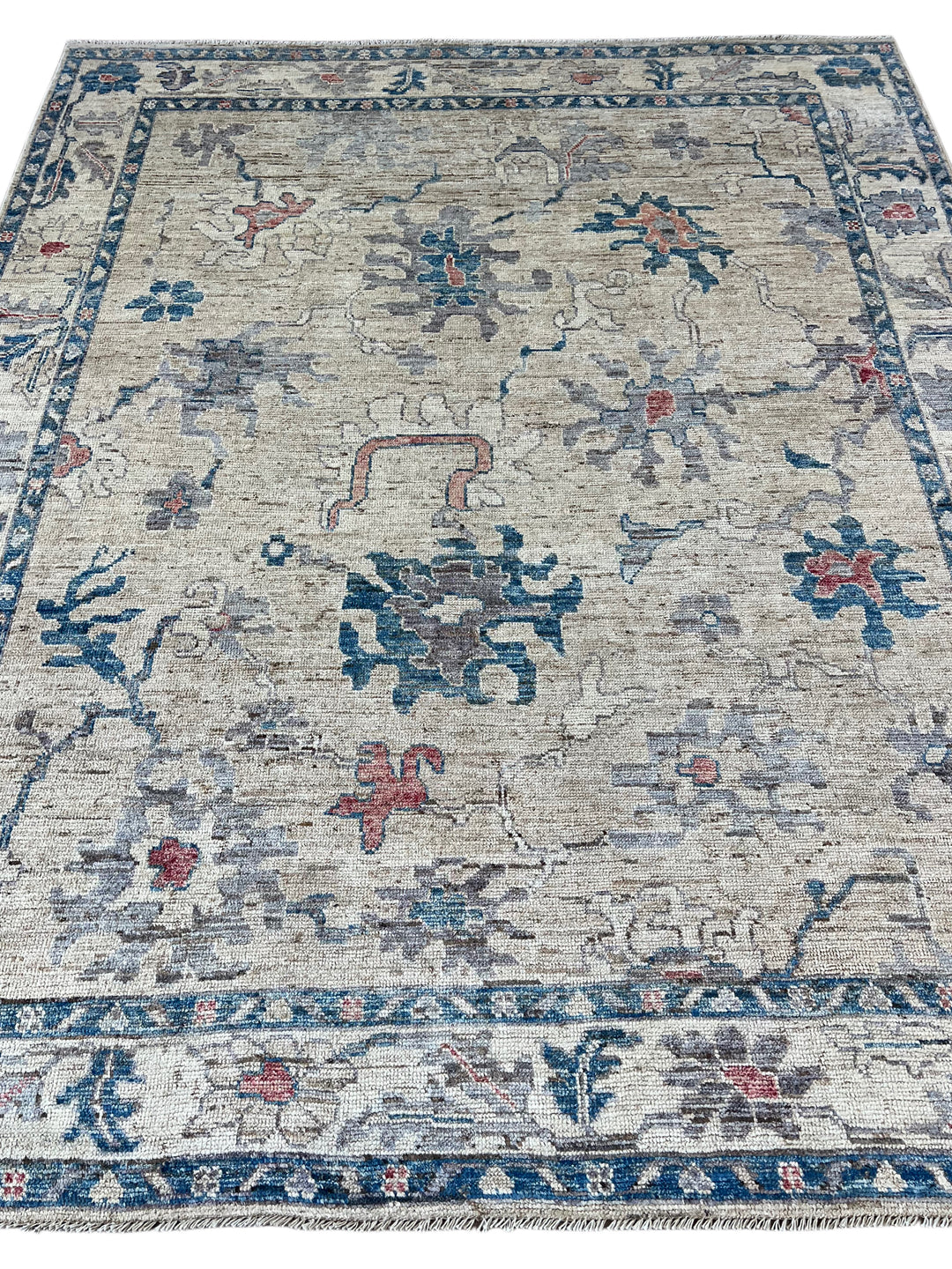 Ivory &amp; Blue Oushak Style Rug with Muted Red Accents – 8’1” x 9’10”