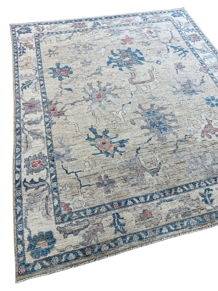 Ivory &amp; Blue Oushak Style Rug with Muted Red Accents – 8’1” x 9’10”