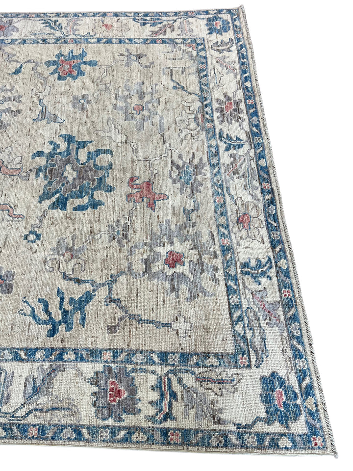 Ivory &amp; Blue Oushak Style Rug with Muted Red Accents – 8’1” x 9’10”