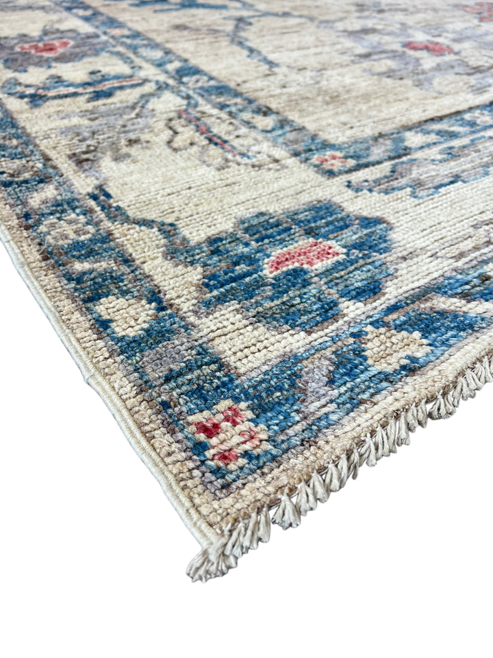 Ivory &amp; Blue Oushak Style Rug with Muted Red Accents – 8’1” x 9’10”