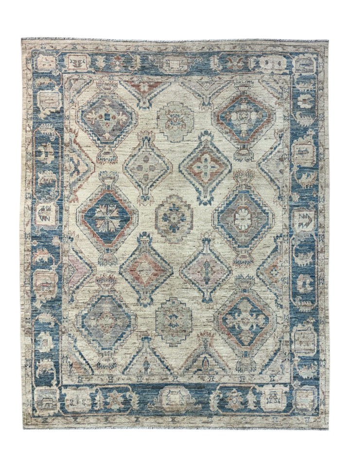 Ivory &amp; Dusty Blue Geometric Oushak Style Area Rug – 8’1” x 10’3”