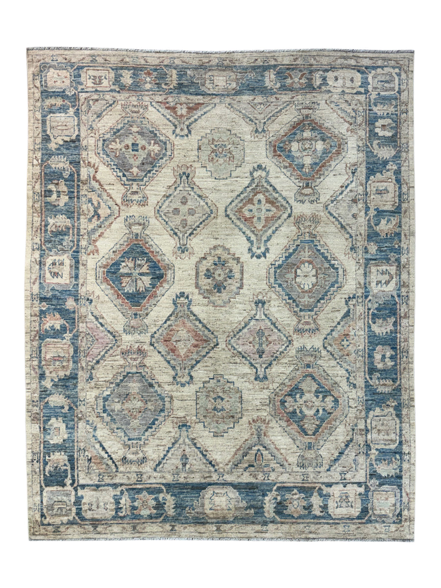 Ivory & Dusty Blue Geometric Oushak Style Area Rug – 8’1” x 10’3”