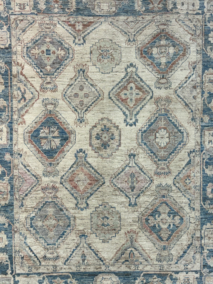 Ivory &amp; Dusty Blue Geometric Oushak Style Area Rug – 8’1” x 10’3”