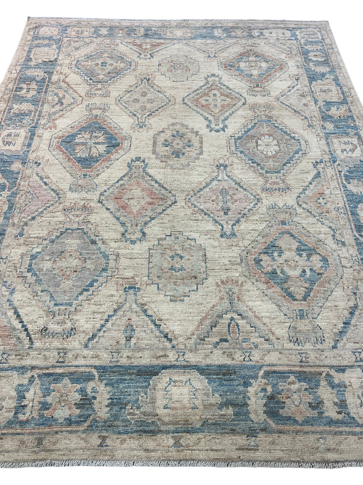 Ivory &amp; Dusty Blue Geometric Oushak Style Area Rug – 8’1” x 10’3”