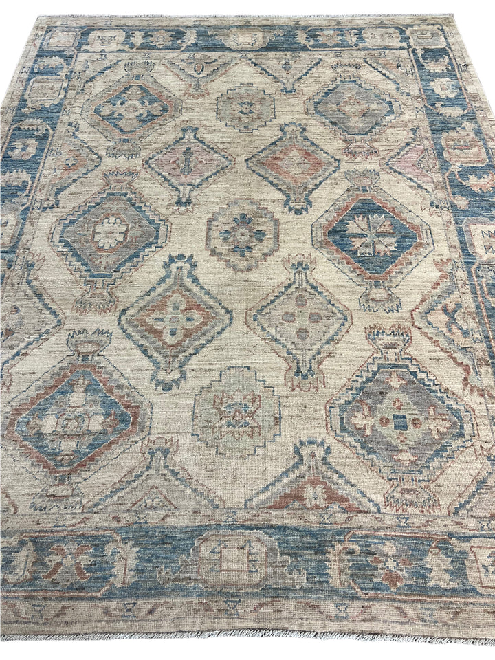 Ivory &amp; Dusty Blue Geometric Oushak Style Area Rug – 8’1” x 10’3”