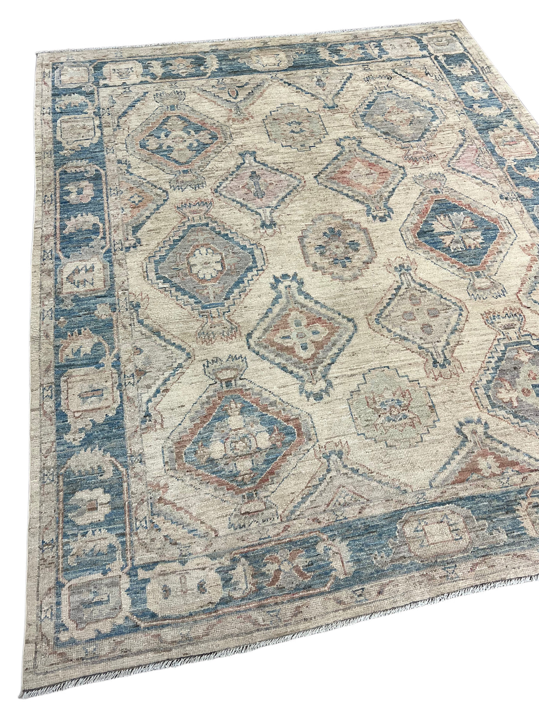 Ivory &amp; Dusty Blue Geometric Oushak Style Area Rug – 8’1” x 10’3”