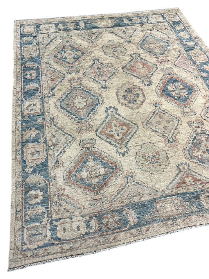 Ivory &amp; Dusty Blue Geometric Oushak Style Area Rug – 8’1” x 10’3”