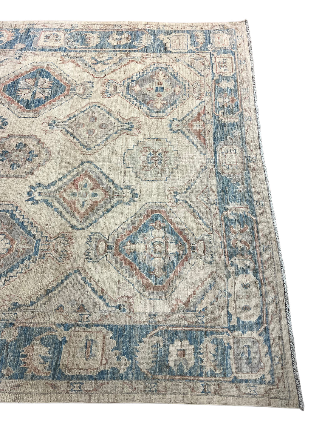 Ivory &amp; Dusty Blue Geometric Oushak Style Area Rug – 8’1” x 10’3”