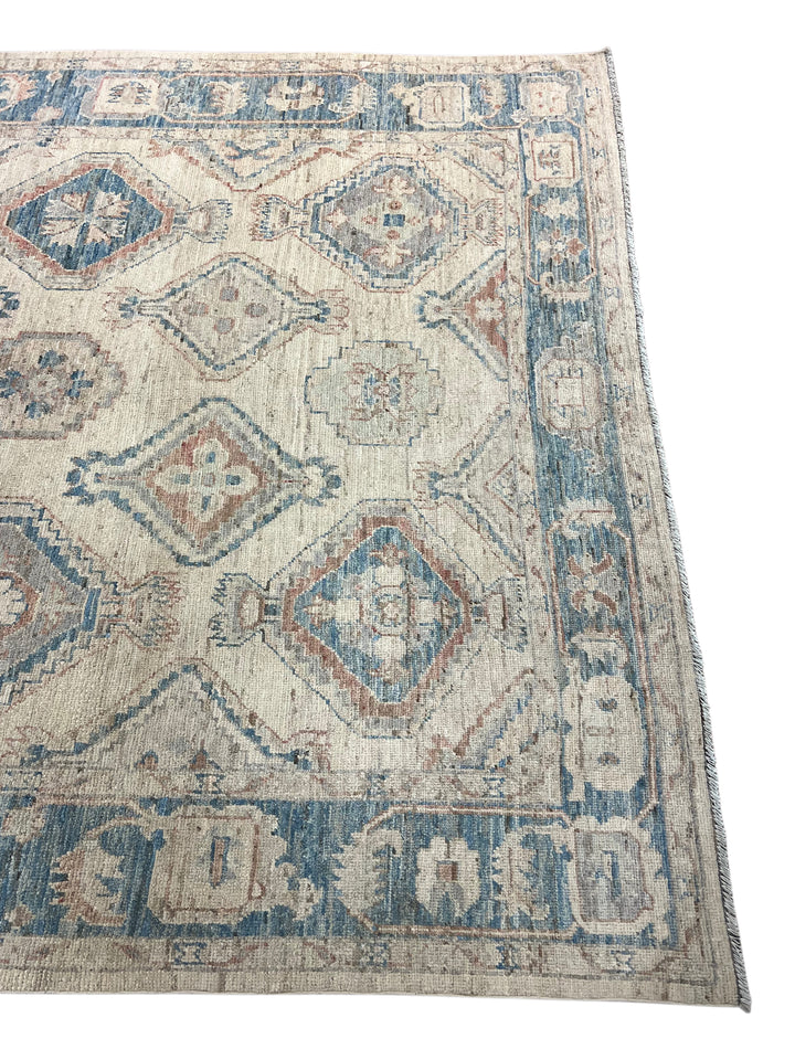 Ivory &amp; Dusty Blue Geometric Oushak Style Area Rug – 8’1” x 10’3”