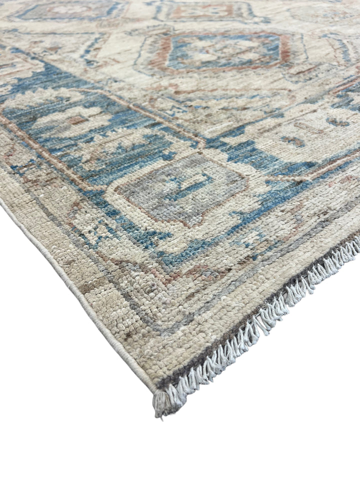 Ivory &amp; Dusty Blue Geometric Oushak Style Area Rug – 8’1” x 10’3”