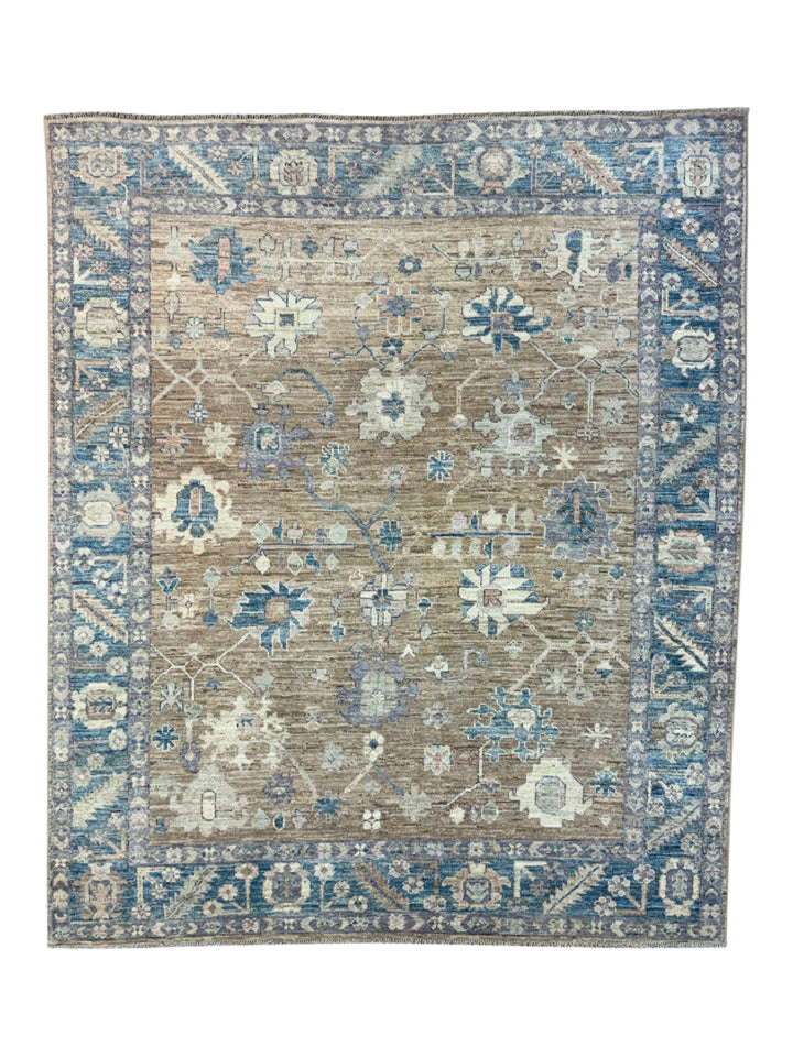 Warm Taupe &amp; Dusty Blue Floral Oushak Style Area Rug – 8’2” x 9’10”