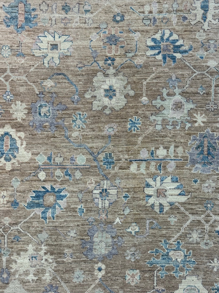 Warm Taupe &amp; Dusty Blue Floral Oushak Style Area Rug – 8’2” x 9’10”