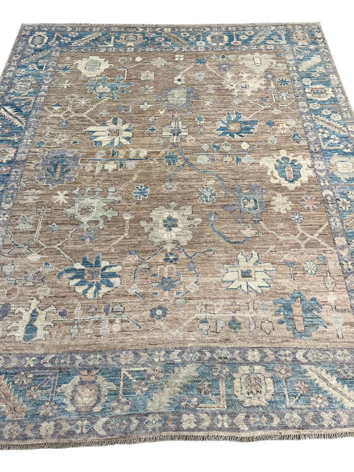 Warm Taupe &amp; Dusty Blue Floral Oushak Style Area Rug – 8’2” x 9’10”