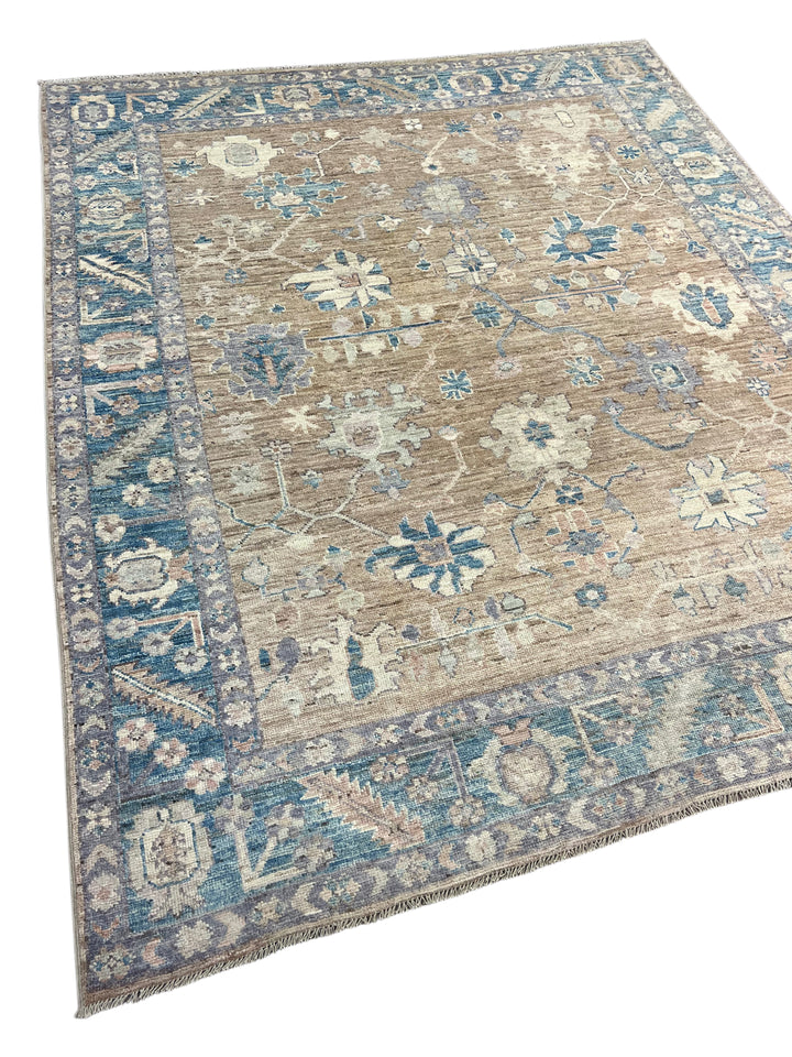 Warm Taupe &amp; Dusty Blue Floral Oushak Style Area Rug – 8’2” x 9’10”