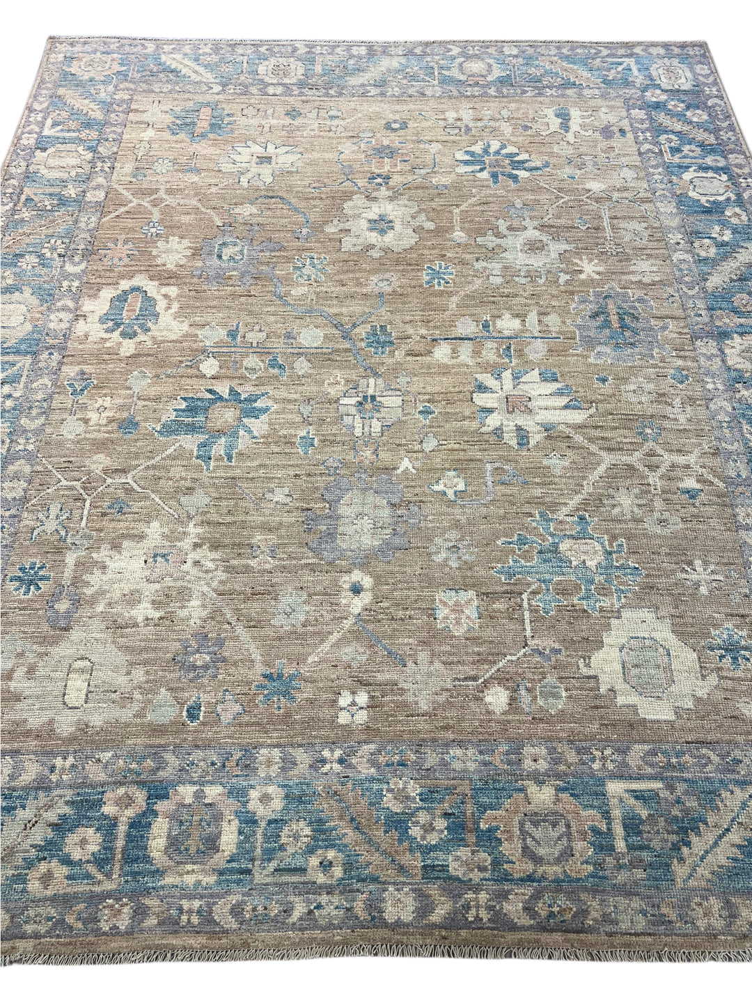Warm Taupe &amp; Dusty Blue Floral Oushak Style Area Rug – 8’2” x 9’10”