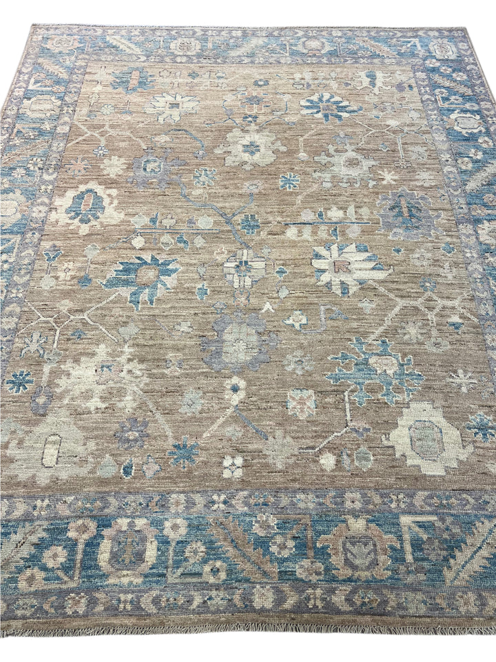 Warm Taupe &amp; Dusty Blue Floral Oushak Style Area Rug – 8’2” x 9’10”