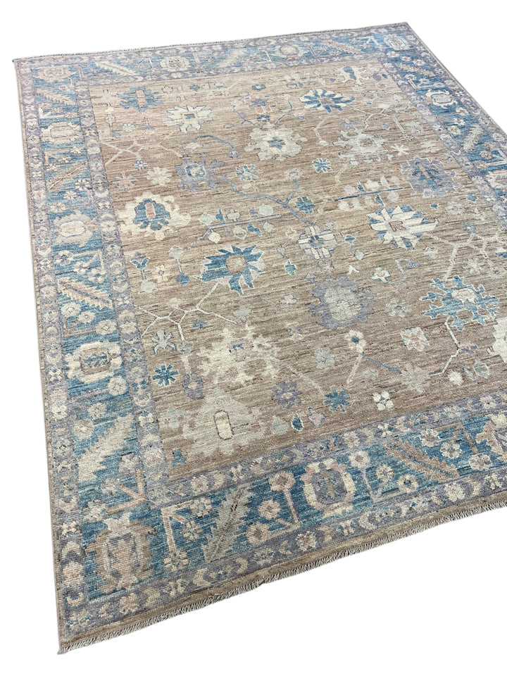 Warm Taupe &amp; Dusty Blue Floral Oushak Style Area Rug – 8’2” x 9’10”