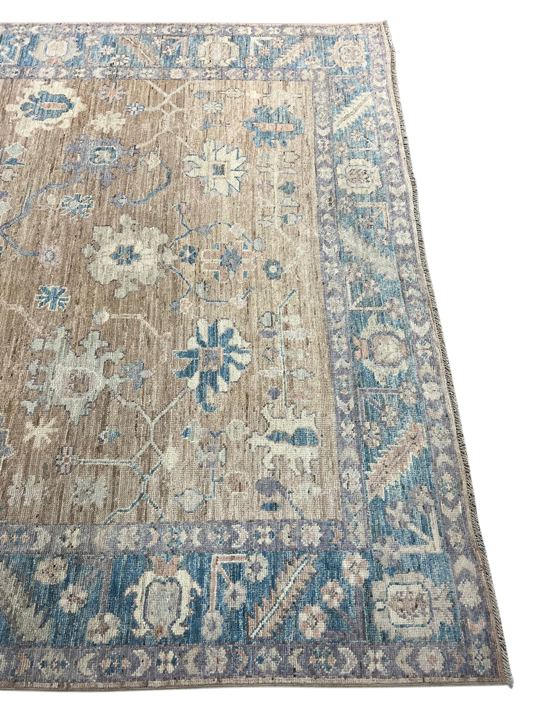 Warm Taupe &amp; Dusty Blue Floral Oushak Style Area Rug – 8’2” x 9’10”