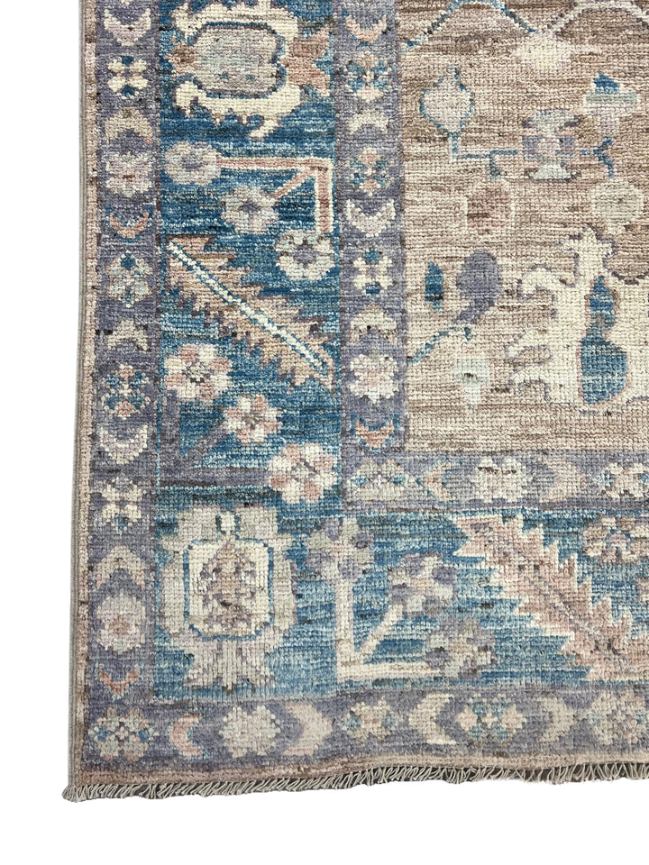 Warm Taupe &amp; Dusty Blue Floral Oushak Style Area Rug – 8’2” x 9’10”