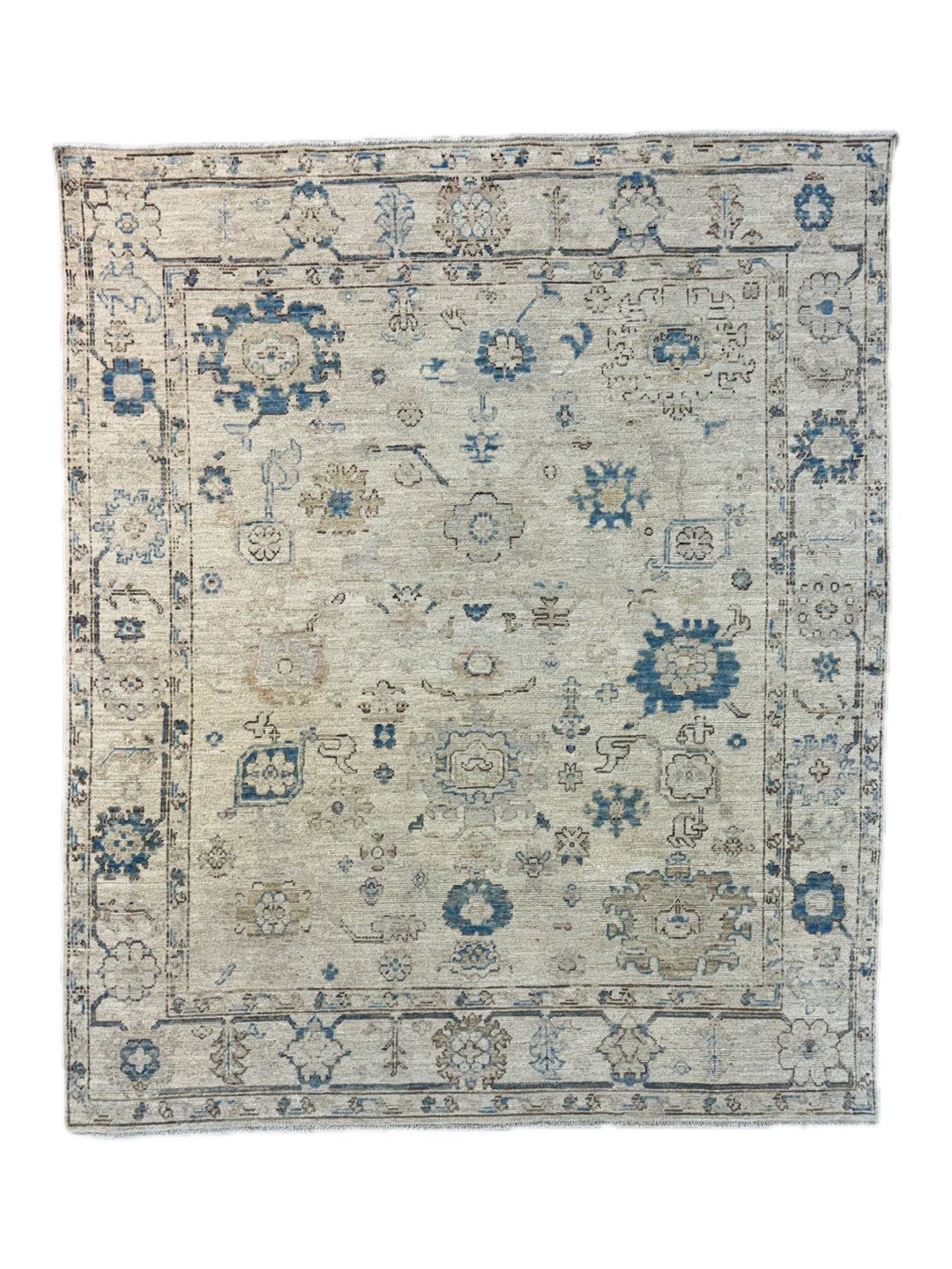 Ivory, Soft Gray &amp; Blue Floral Oushak Style Area Rug – 8’2” x 9’10”